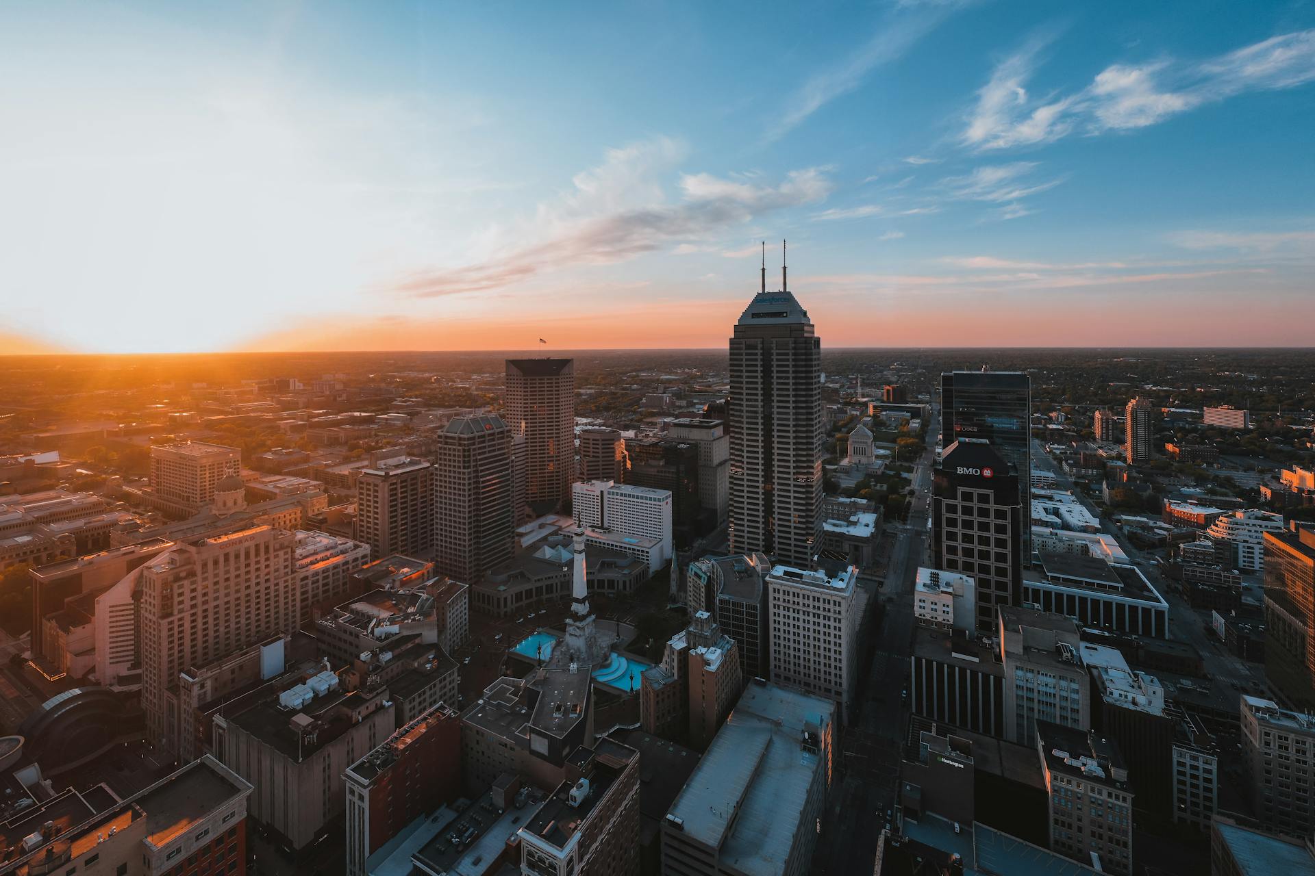 Aerial view of Indianapolis at sunset